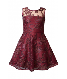 AVAILABLE ONLY  AFTER DEC 12 2025 , Bonnie Jean Burgundy Sleeveless illusion Neckline Embroidered Taffeta Bow Party Dress 